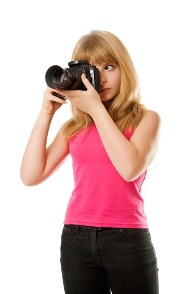 Красивая девушка-подросток с фотокамерой — стоковое фото