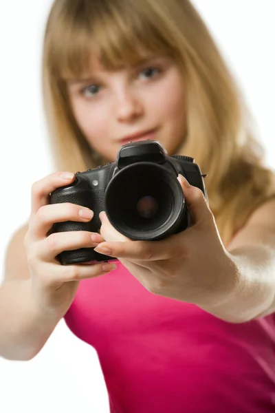 漂亮少女照片的相机 — 图库照片