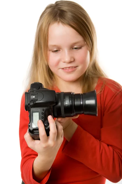 Niña bonita con cámara fotográfica — Foto de Stock