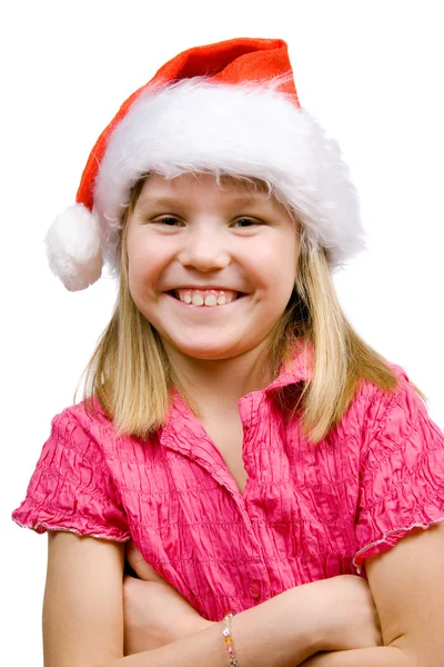 Radostné dívka v santa hat — Stock fotografie
