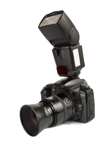 Digitale fotocamera met externe flitser — Stockfoto