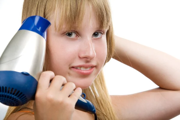 Saç kurutma makinesi ile sarışın model — Stok fotoğraf