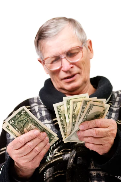Heureux vieil homme tenant des dollars — Photo