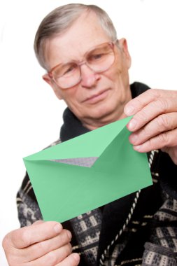 Elderly man opening letter envelope clipart