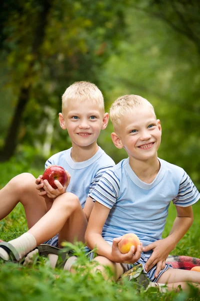 Dos hermanos gemelos sonrientes sosteniendo frutas —  Fotos de Stock