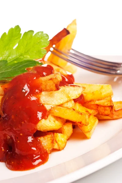 Frytki ziemniaczane z ketchupem — Zdjęcie stockowe