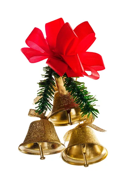 Zlaté zvonky s Vánoční dekorace — Stock fotografie