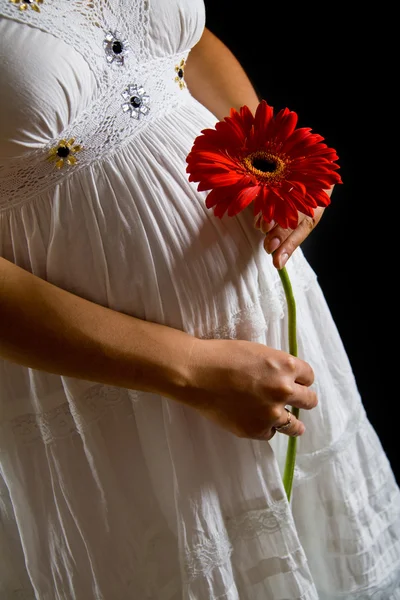 Donna incinta con fiore rosso — Foto Stock