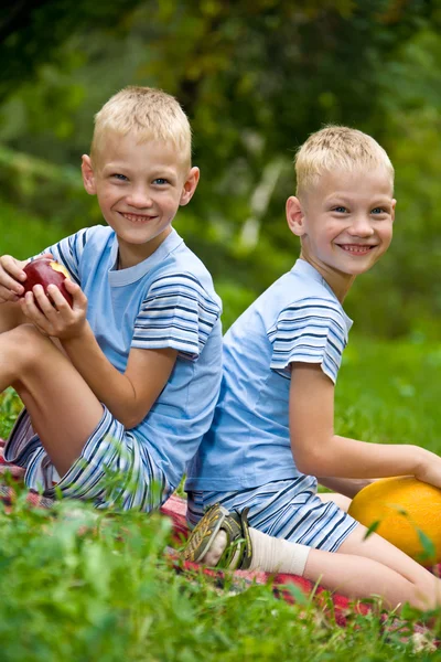 Dois irmãos gêmeos sorridentes segurando frutas — Fotografia de Stock