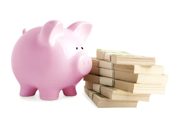 Piggy bank rosa em dólares — Fotografia de Stock