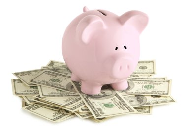 Pink piggy bank on dollars clipart