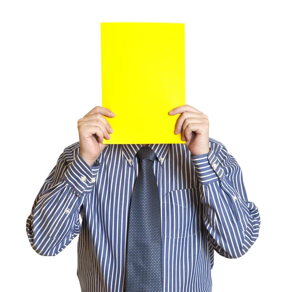 Człowiek z białą kartką papieru — Zdjęcie stockowe
