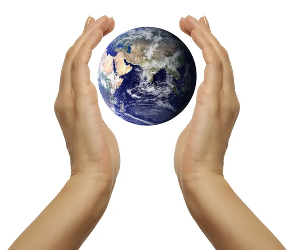 Hand holding the blue Earth — Stock Photo, Image