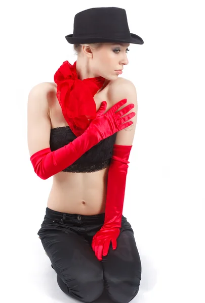 Червоні рукавички і чорний капелюх . — стокове фото