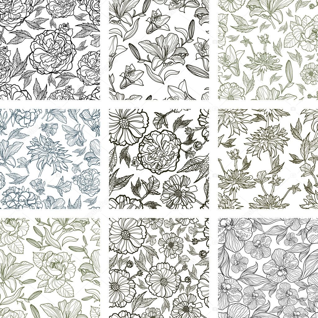 Vector set of nine seamless floral patterns