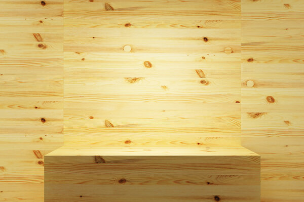 Empty wood shelf on wall, 3d render