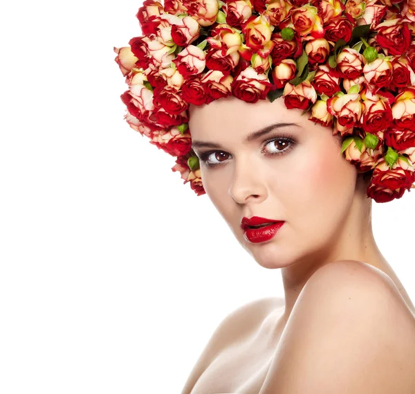 Portrait of young beautiful woman with rose in hair, on white ba — Stock Photo, Image