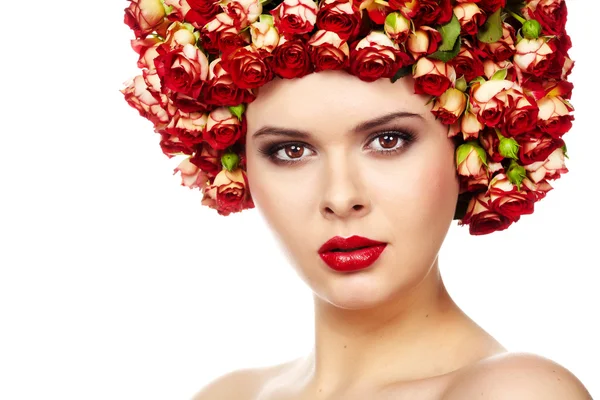 Beautiful girl with hairstyle of rose flowers — Stock Photo, Image