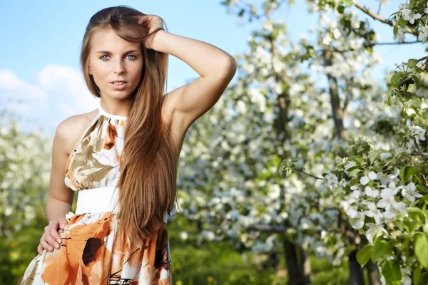 Portrait of young lovely woman in orchard — Stock Photo, Image