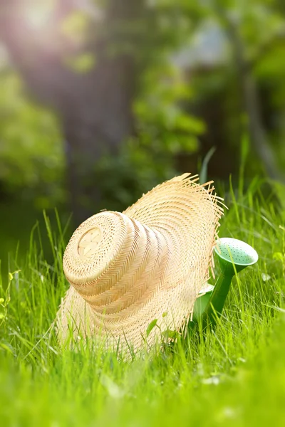 Outils de jardinage. Chapeau et boîte en herbe verte — Photo