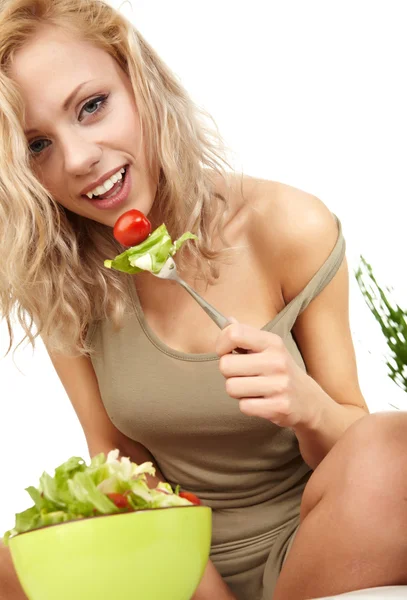 Woman with salad isolated on white — Stock Photo, Image