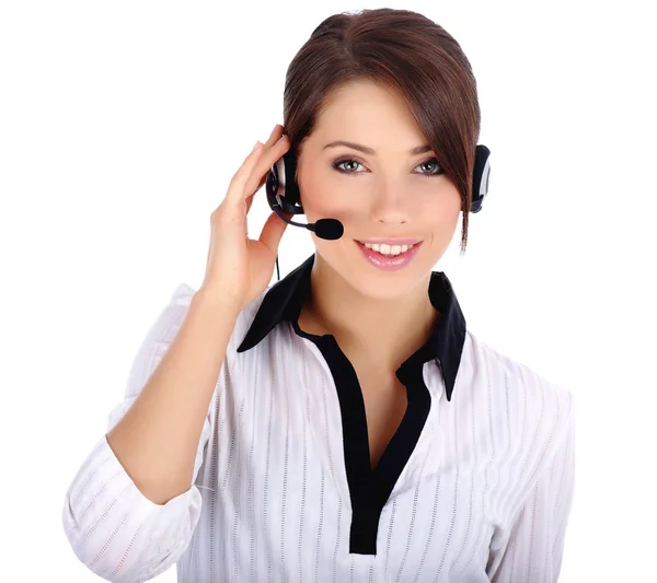 stock image Beautiful Customer Representative with headset smiling during a