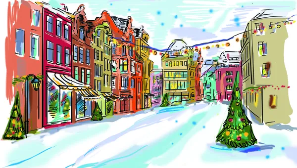 Рождественская винтажная открытка с городским пейзажем и снегопадом — стоковое фото