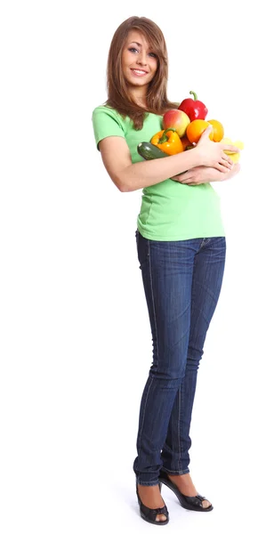Retrato de una niña con las manos llenas de diferentes frutas y —  Fotos de Stock