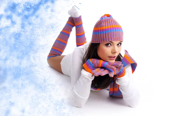 Wintermode Mädchen über abstrakte runde moderne Design-Hintergrund — Stockfoto