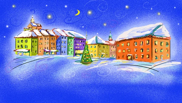 Paysages d'hiver avec ville illustrée dans la nuit — Photo