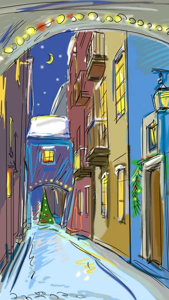 Scenario invernale con città illustrata nella notte — Foto Stock