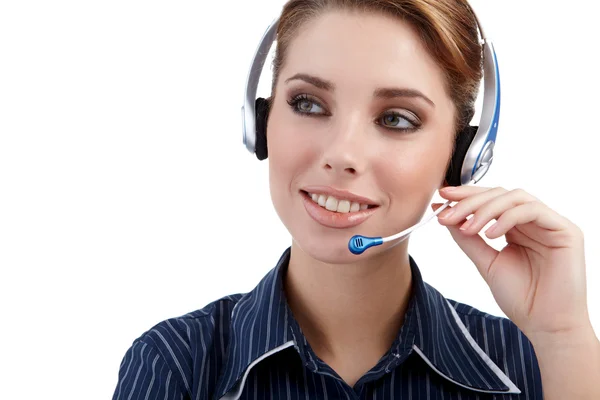 Représentant client avec casque souriant pendant un téléphone — Photo