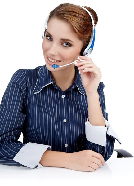 Klant vertegenwoordiger met headset lacht tijdens een telefoon — Stockfoto