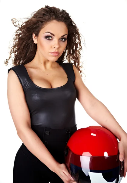 Mulher sexy bonita com maquiagem elegante e capacete de motociclista — Fotografia de Stock