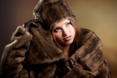 çekici bir kadın kahverengi kürk ceket ile hood