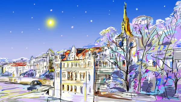 Kış eski kasaba çizilmiş — Stok fotoğraf