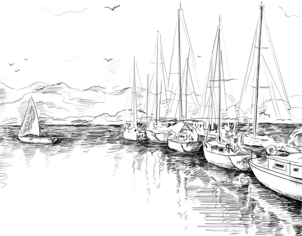Plachetnice, jachty a člun ilustrace — Stock fotografie