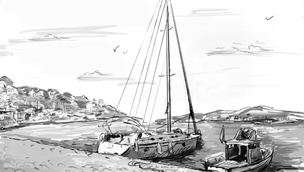 Plachetnice, jachty a člun ilustrace — Stock fotografie