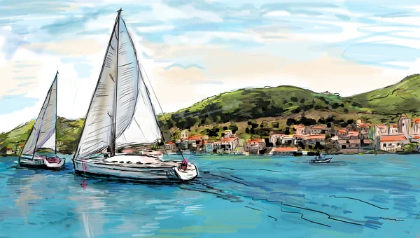 stock image Sailing yachts and boat illustration