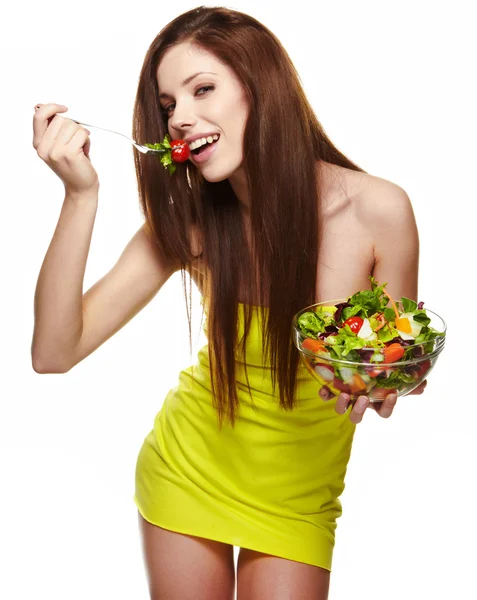 Feliz mujer sana con ensalada — Foto de Stock