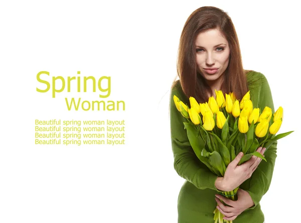 Happy woman with yellow tulips isolated on white background — Stock Photo, Image