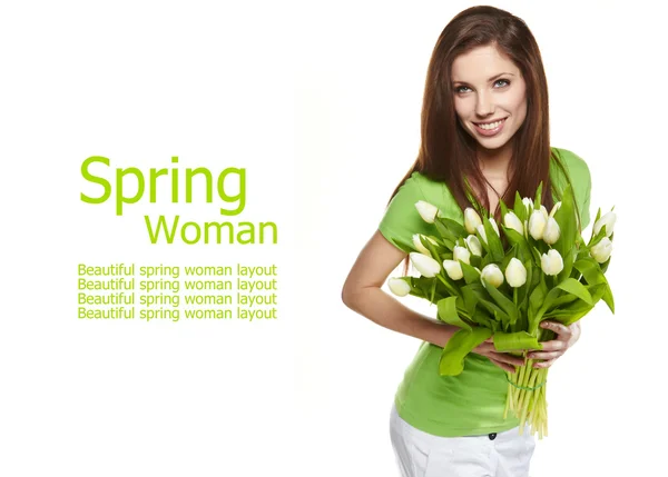 Happy woman with yellow tulips isolated on white background — Stock Photo, Image