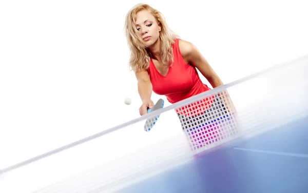 Sexy blonde met blauwe ping pong racke tplaying — Stockfoto