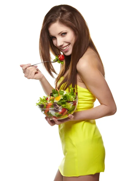 Happy healthy woman with salad — Stock Photo, Image