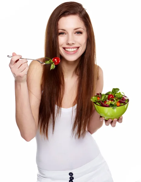 Nő elszigetelt fehér salátával — Stock Fotó