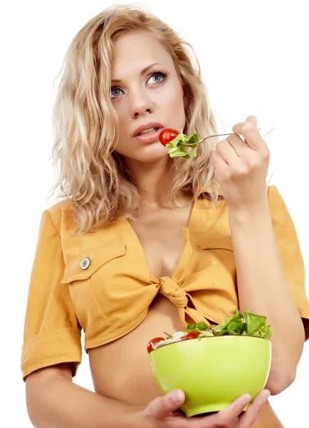 Healthy sexy woman with salad on white background — Stock Photo, Image