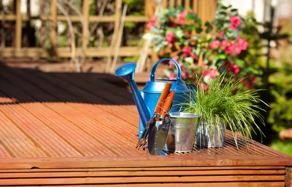 Tuingereedschap in tuin achtergrond — Stockfoto