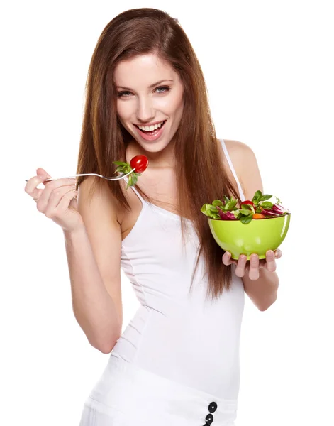 Женщина с салатом изолированы на белом — стоковое фото