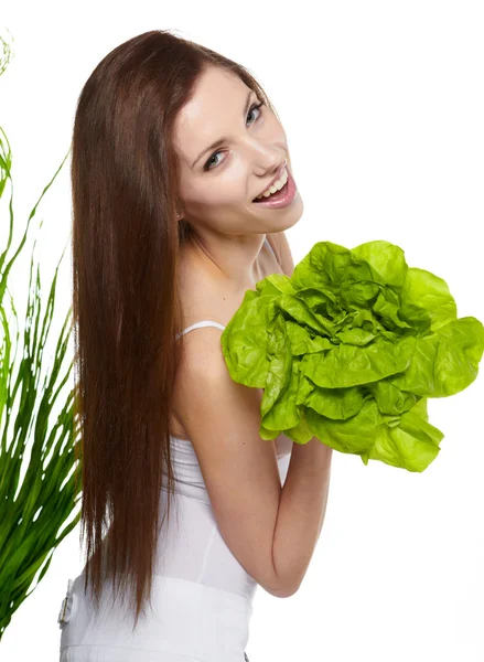 Woman with salad isolated on white — Stock Photo, Image