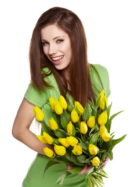 Piękna brunetka z bukiet kwiatów — Zdjęcie stockowe
